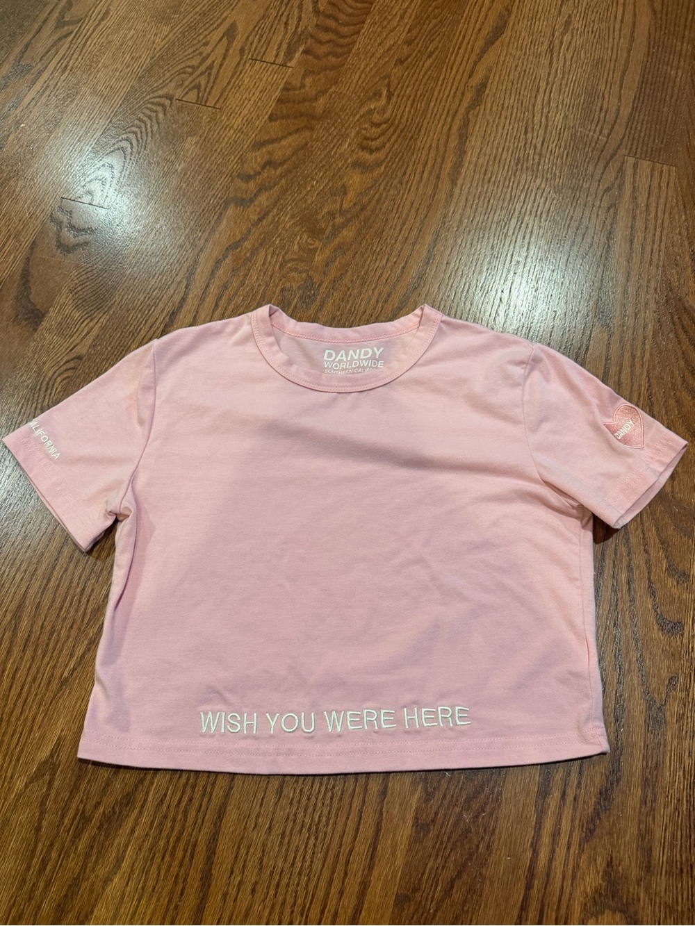 Dandy Worldwide RARE Pink Crop ‘Wish You Were Here' Short Sleeve T Shirt Size M
